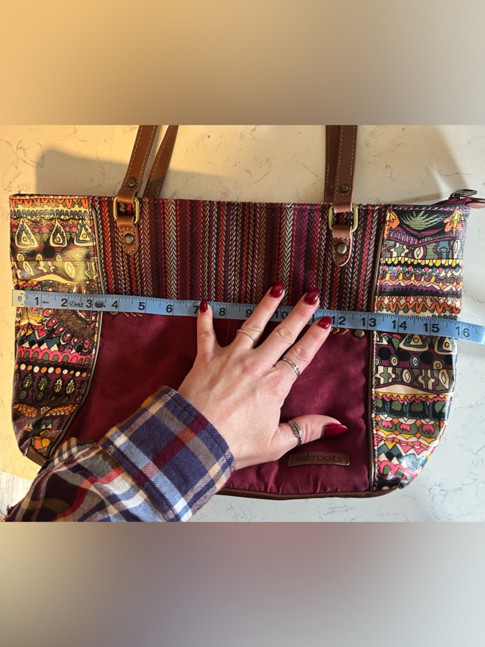 Sakroots Metro Tote Burgundy Faux Suede & Multicolor Pattern Shoulder Bag - Picture 7 of 16